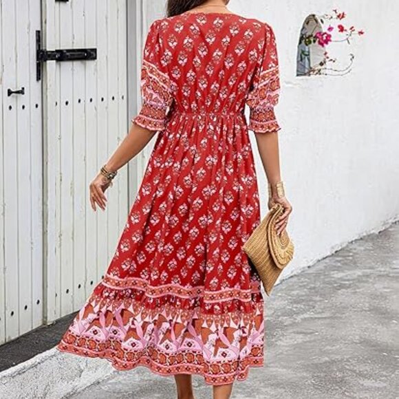 NWT Boho Smocked Puff Sleeve Floral Maxi Beach Sundress Large Wine Red NWT - Picture 2 of 10